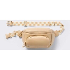 Cloud Island Tan Faux Leather Diaper Fanny Pack Waist Bag Checkered Strap NEW